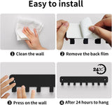 8 Hook Metal Key Rack Black Self-Adhesive or Screw Mount for Kitchen Office Hallway