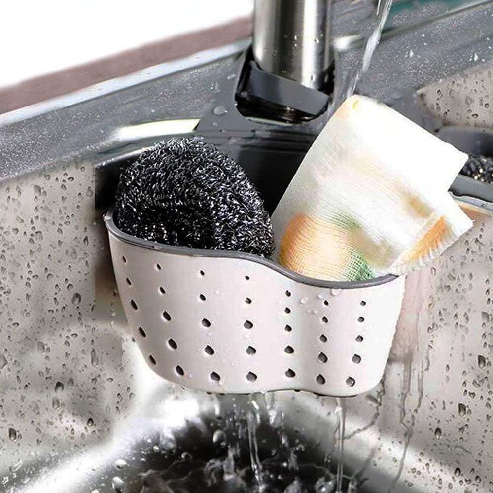 2Pcs Beige Kitchen Sink Caddy Adjustable Hanging Silicone Plastic Soap Holder with Faucet Drain Hole for Drying