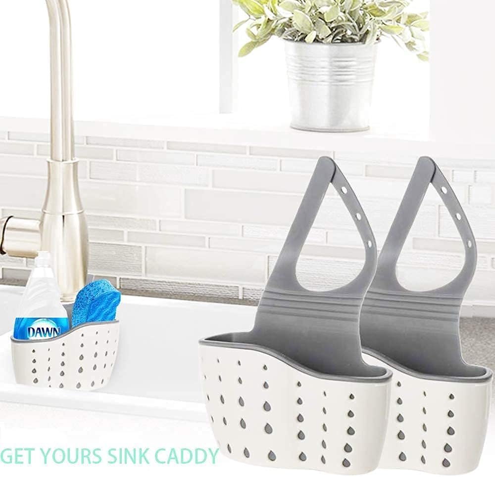 2Pcs Beige Kitchen Sink Caddy Adjustable Hanging Silicone Plastic Soap Holder with Faucet Drain Hole for Drying