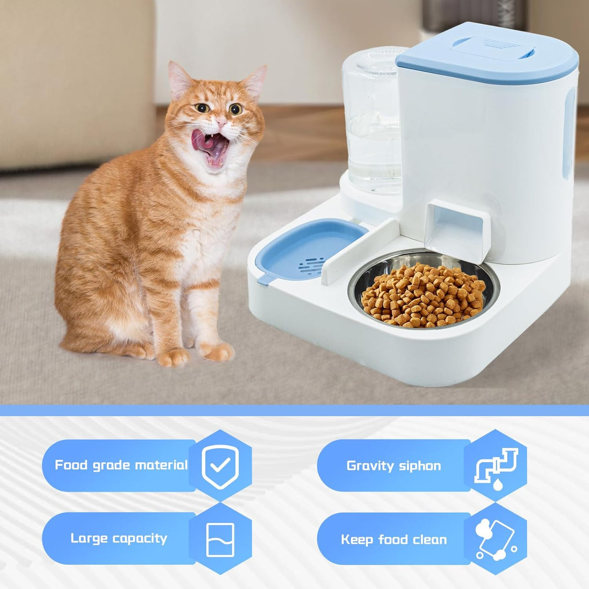 Automatic Pet Feeder and Water Bowl for Dogs and Cats - Blue