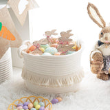 Cotton Storage Basket with Tassels 18x24cm White Decorative Woven Organizer for Bedroom Living Room Kids Room Boho Style