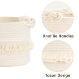 Cotton Storage Basket with Tassels 18x24cm White Decorative Woven Organizer for Bedroom Living Room Kids Room Boho Style