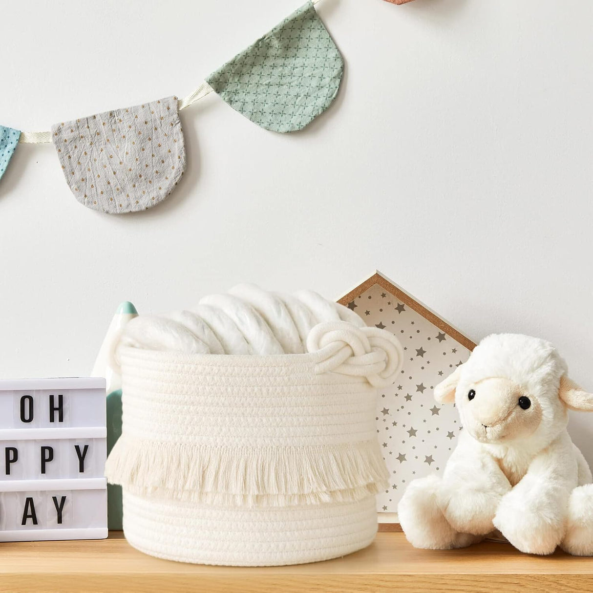Cotton Storage Basket with Tassels 18x24cm White Decorative Woven Organizer for Bedroom Living Room Kids Room Boho Style