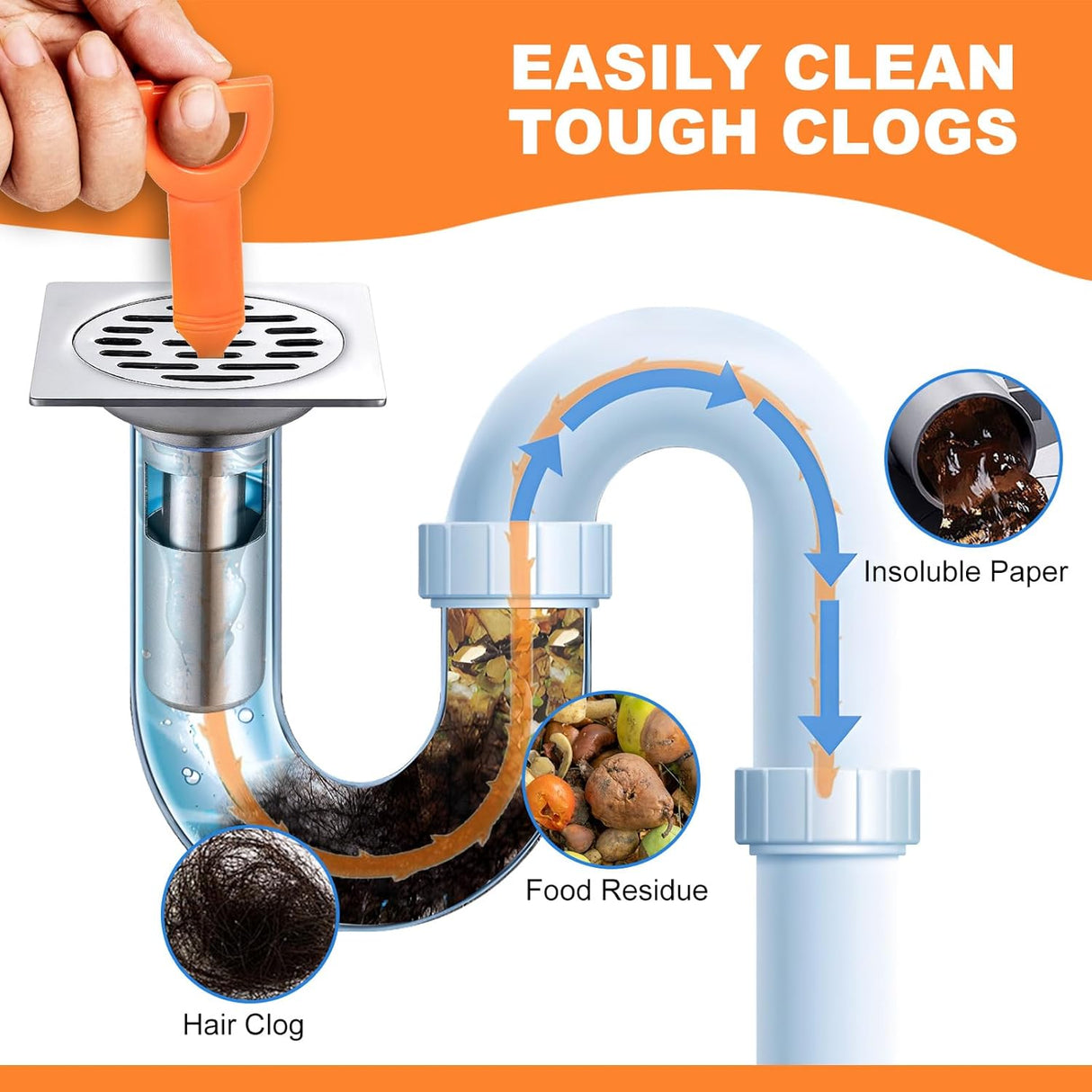 4 Pack Orange Drain Unblocker Flexible Reusable Hooks for Kitchen Bathroom Toilet Sink