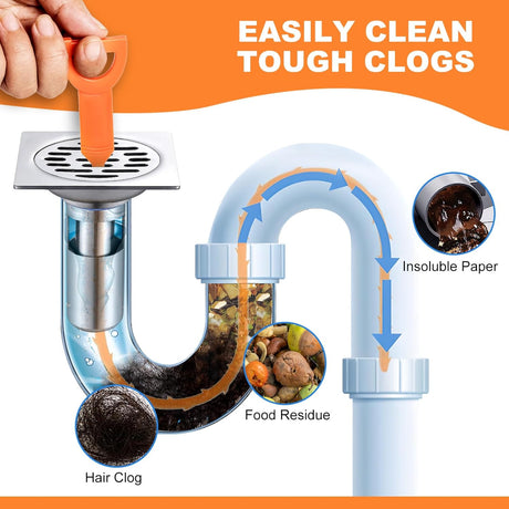 4 Pack Orange Drain Unblocker Flexible Reusable Hooks for Kitchen Bathroom Toilet Sink