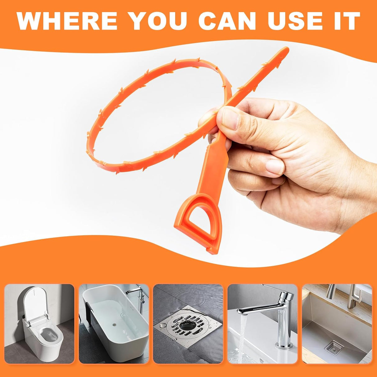 4 Pack Orange Drain Unblocker Flexible Reusable Hooks for Kitchen Bathroom Toilet Sink