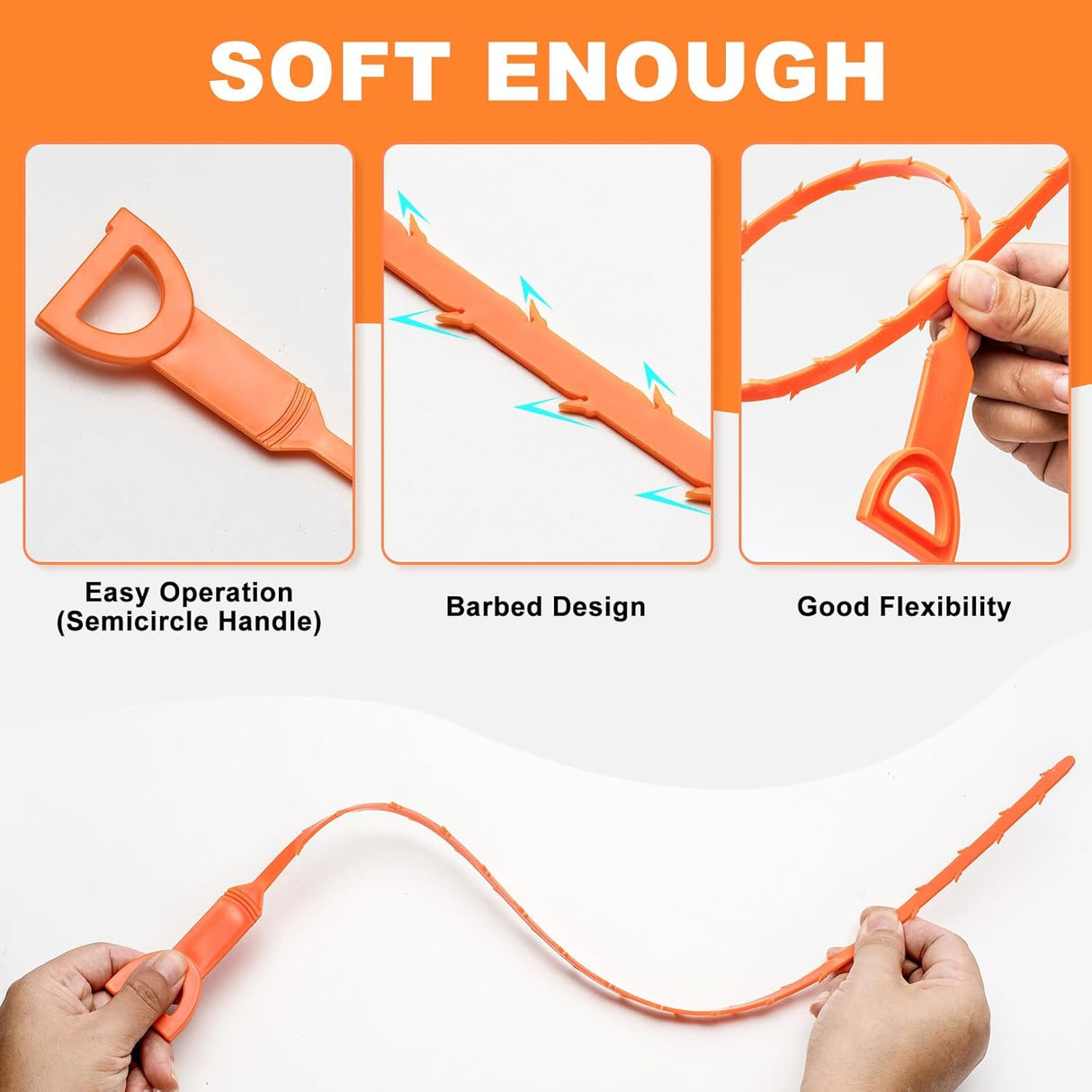 4 Pack Orange Drain Unblocker Flexible Reusable Hooks for Kitchen Bathroom Toilet Sink