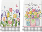 Buffalo Plaid Tulip Bloom Vase Spring Kitchen Towels Dish Towels, 18x26 Inch Farmhouse Summer Floral Decoration Hand Towels Set of 2