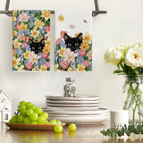Tulip Wild Flowers Black Cat Spring Kitchen Towels Dish Towels, 18x26 Inch Farmhouse Floral Decoration Hand Towels Set of 2