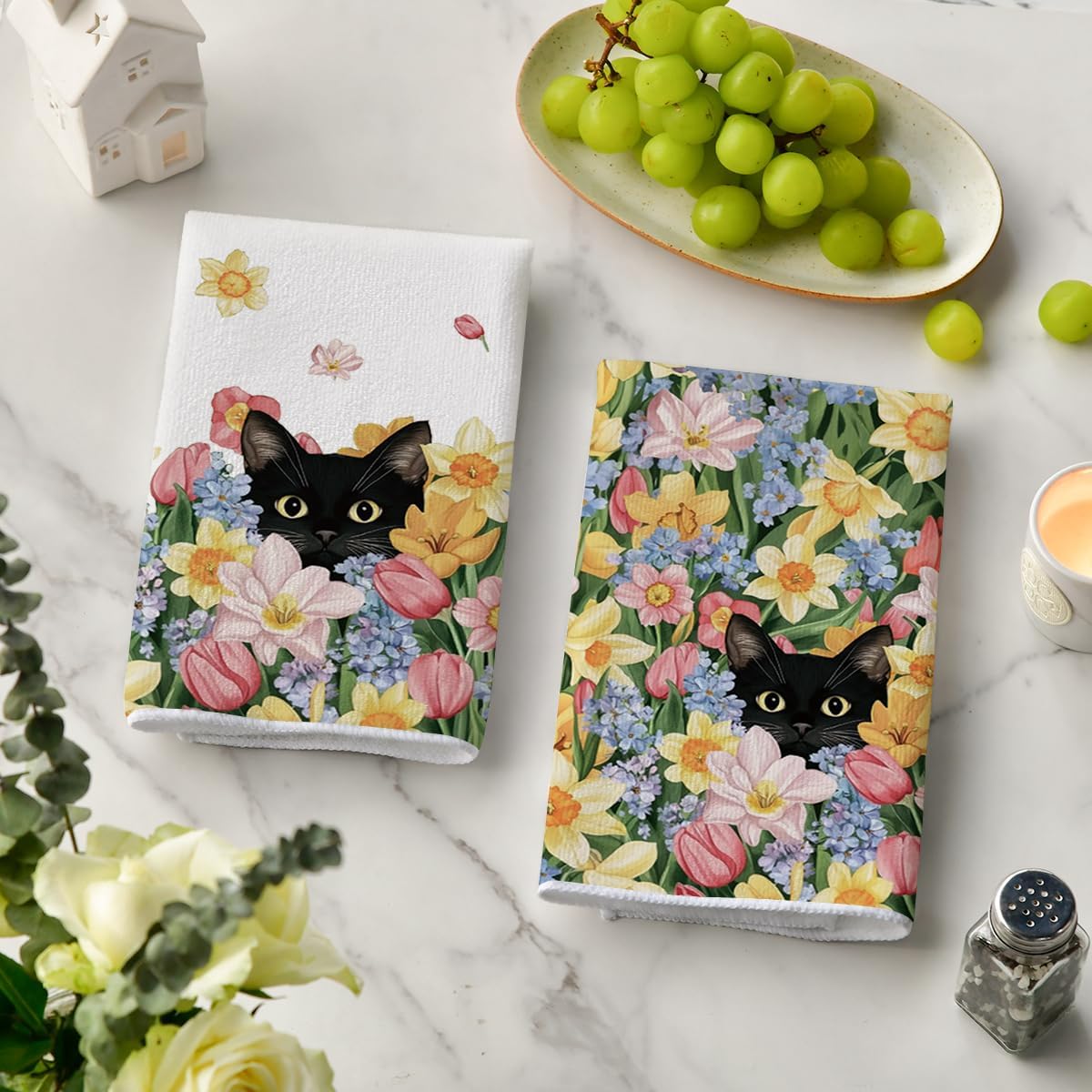 Tulip Wild Flowers Black Cat Spring Kitchen Towels Dish Towels, 18x26 Inch Farmhouse Floral Decoration Hand Towels Set of 2