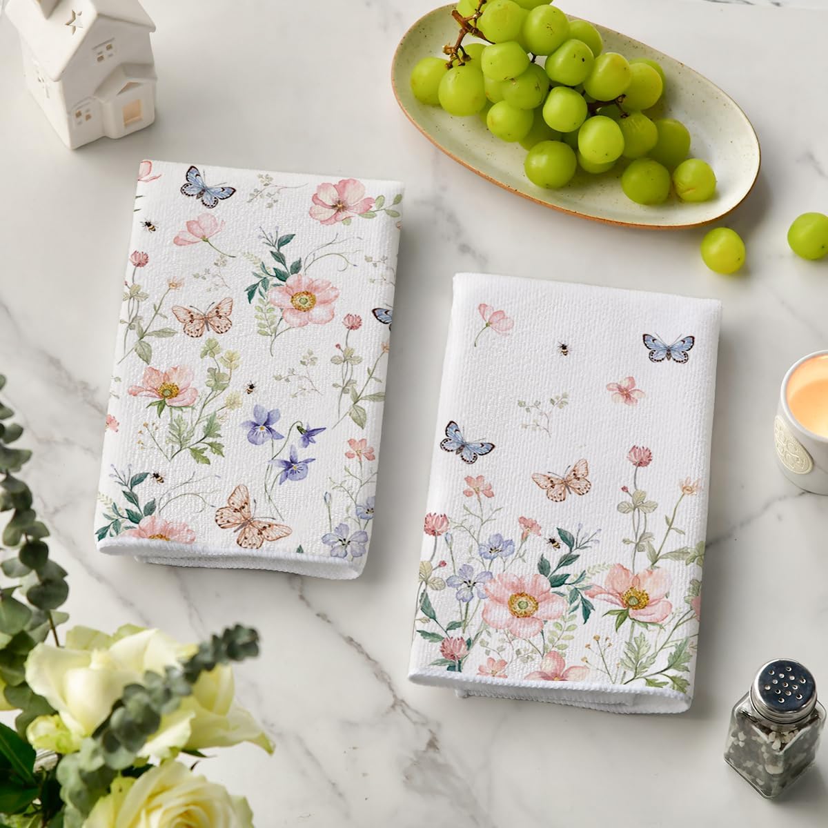 Floral Leaves Butterfly Spring Kitchen Towels Dish Towels, 18x26 Inch Seasonal Summer Decoration Hand Towels Set of 2