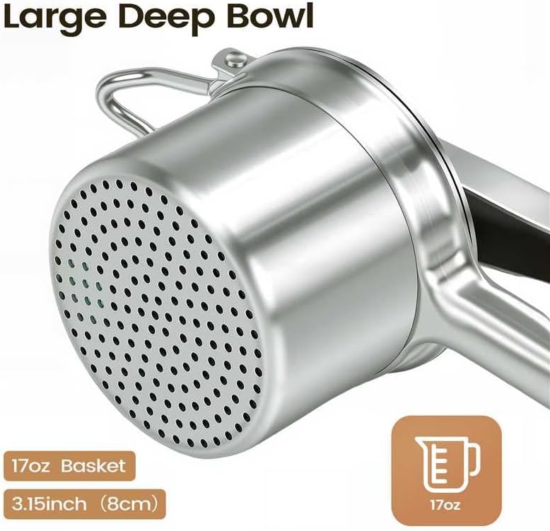 Potato Ricer, 304 Stainless Steel Manual Potato Press with Silicone Handle, Dishwasher Safe Kitchen Tool for Fluffy Mashed Potatoes