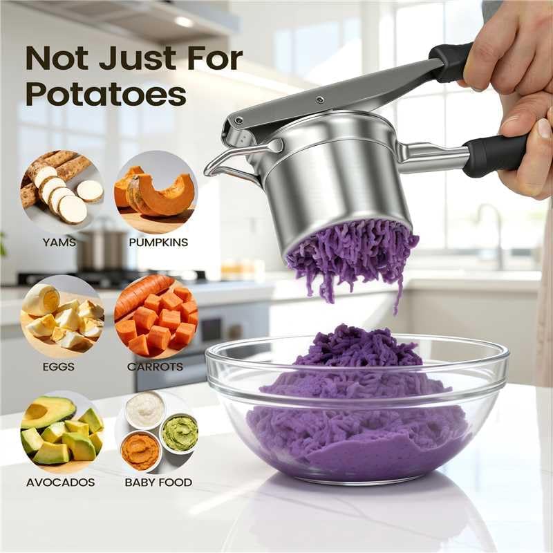 Potato Ricer, 304 Stainless Steel Manual Potato Press with Silicone Handle, Dishwasher Safe Kitchen Tool for Fluffy Mashed Potatoes