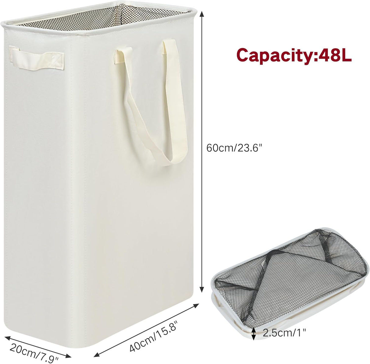 Slim Laundry Hamper with Handles, Collapsible Small Hamper for Laundry, Dirty Clothes Basket for Bedroom, Dorm and Laundry Room, 48L (12.7 Gallon) Beige
