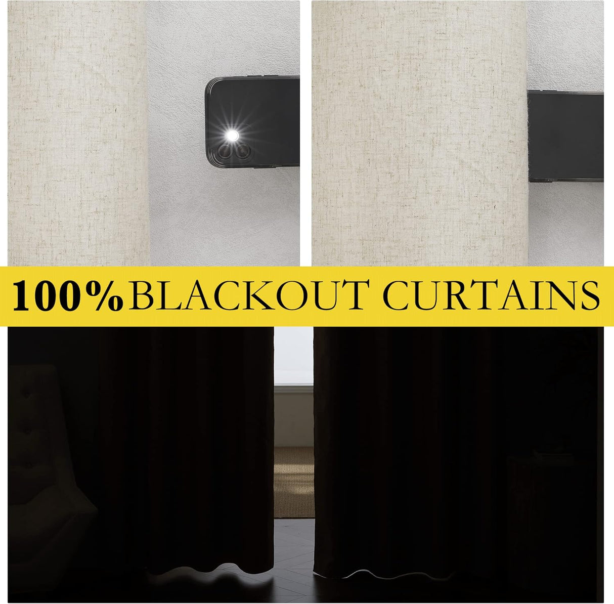 Linen Curtains 84 Inch Long 100% Blackout 2 Panels Natural Thick Farmhouse Living Room Soundproof Curtain Thermal Insulated Window Treatment Door Curtain Drapes (52-Inch Width Each Panel)