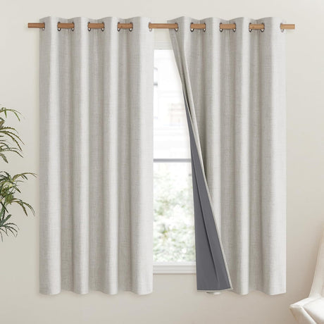 Snowbound Vintage Linen 100% Blackout Curtains for Living Room,Thermal Insulated Curtains 63" Long,Noise Reducing Window Treatment Drapes for Hall Room,52" Wide Per Panel,Set of 2