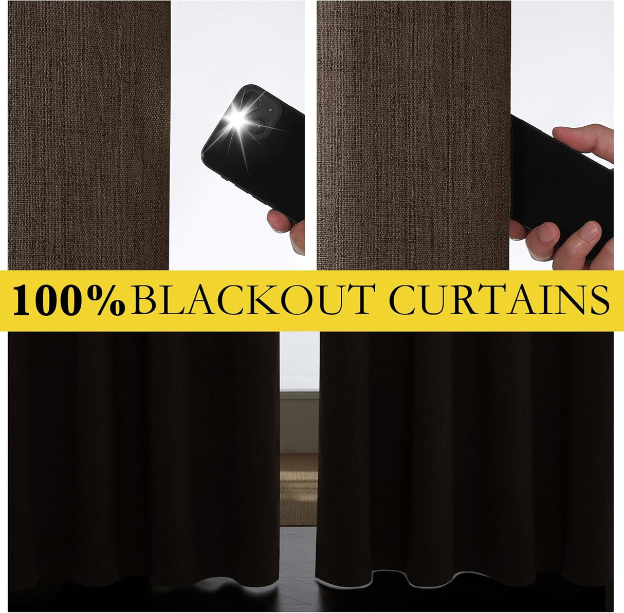Coffee Vintage Linen 100% Blackout Curtains for Living Room, Thermal Insulated Curtains 95“ Long, Noise Reducing Window Treatment Drapes for Home Office, 62" Wide Per Panel, Set of 2