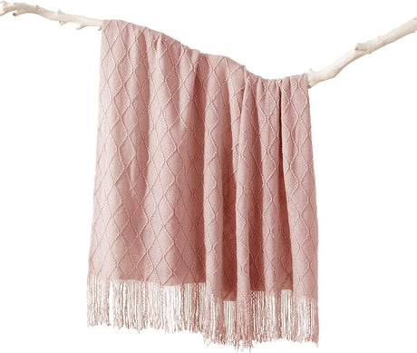 Pink Throw Blanket Diamond Pattern Indoor Outdoor Knitted Throws for Couch Sofa Chair Bed Home Decor 50"x60"