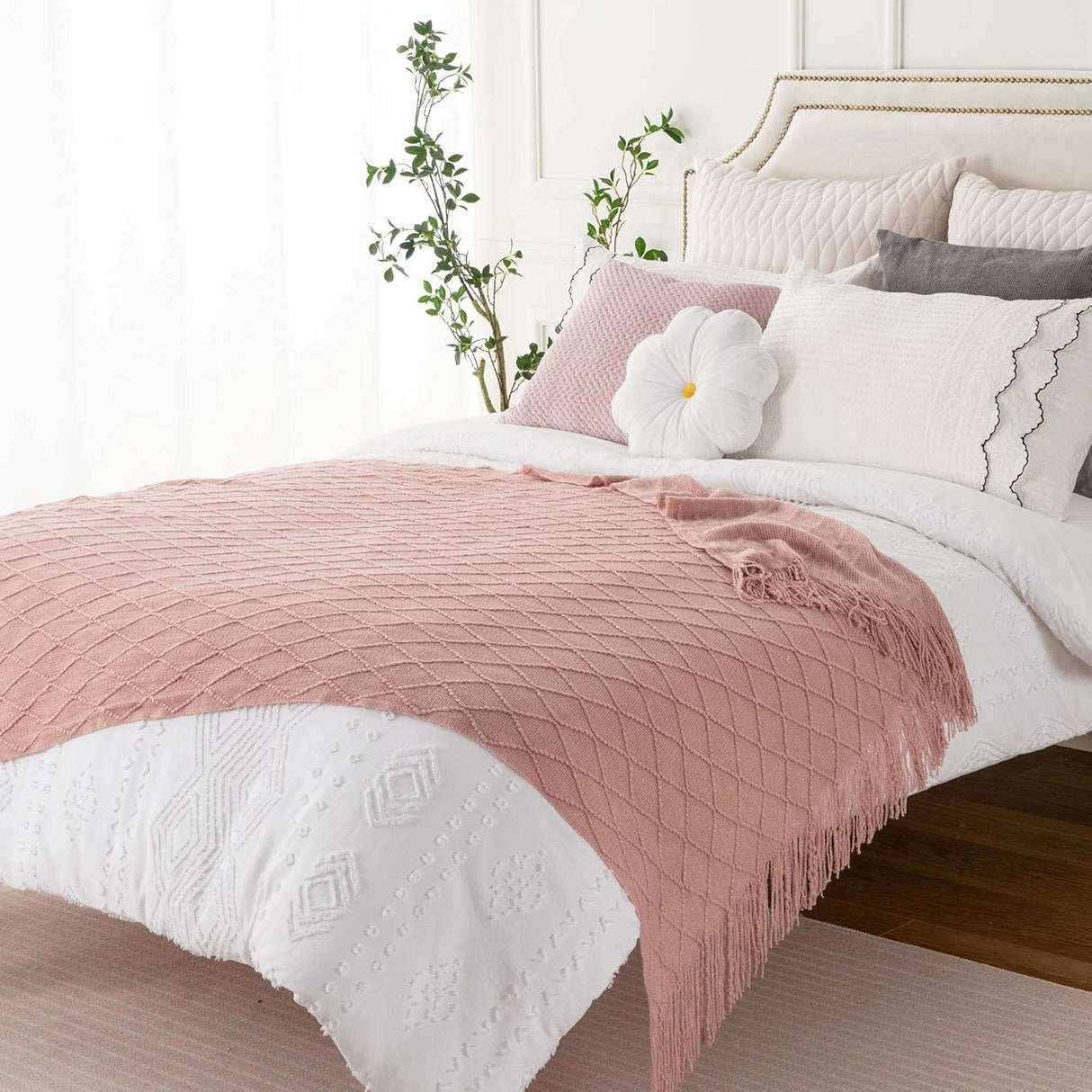 Pink Throw Blanket Diamond Pattern Indoor Outdoor Knitted Throws for Couch Sofa Chair Bed Home Decor 50"x60"