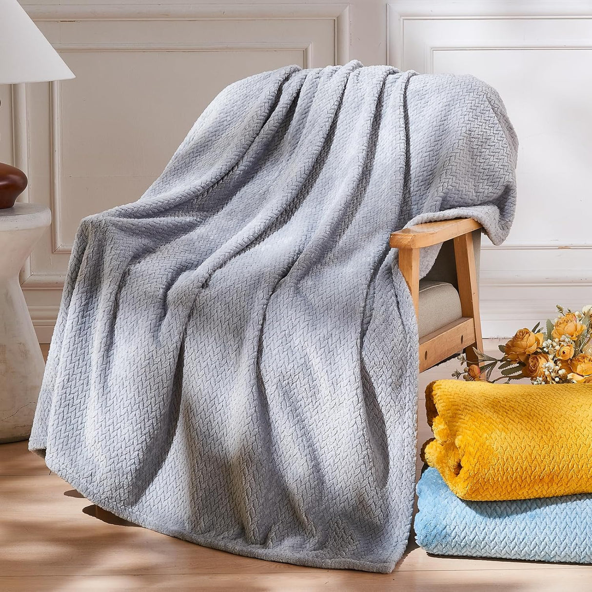 Super Soft Throw Size Blanket Grey Premium Silky Flannel Fleece Leaves Pattern Lightweight Bed Blanket All Season Use (Grey, Throw(50"x60"))