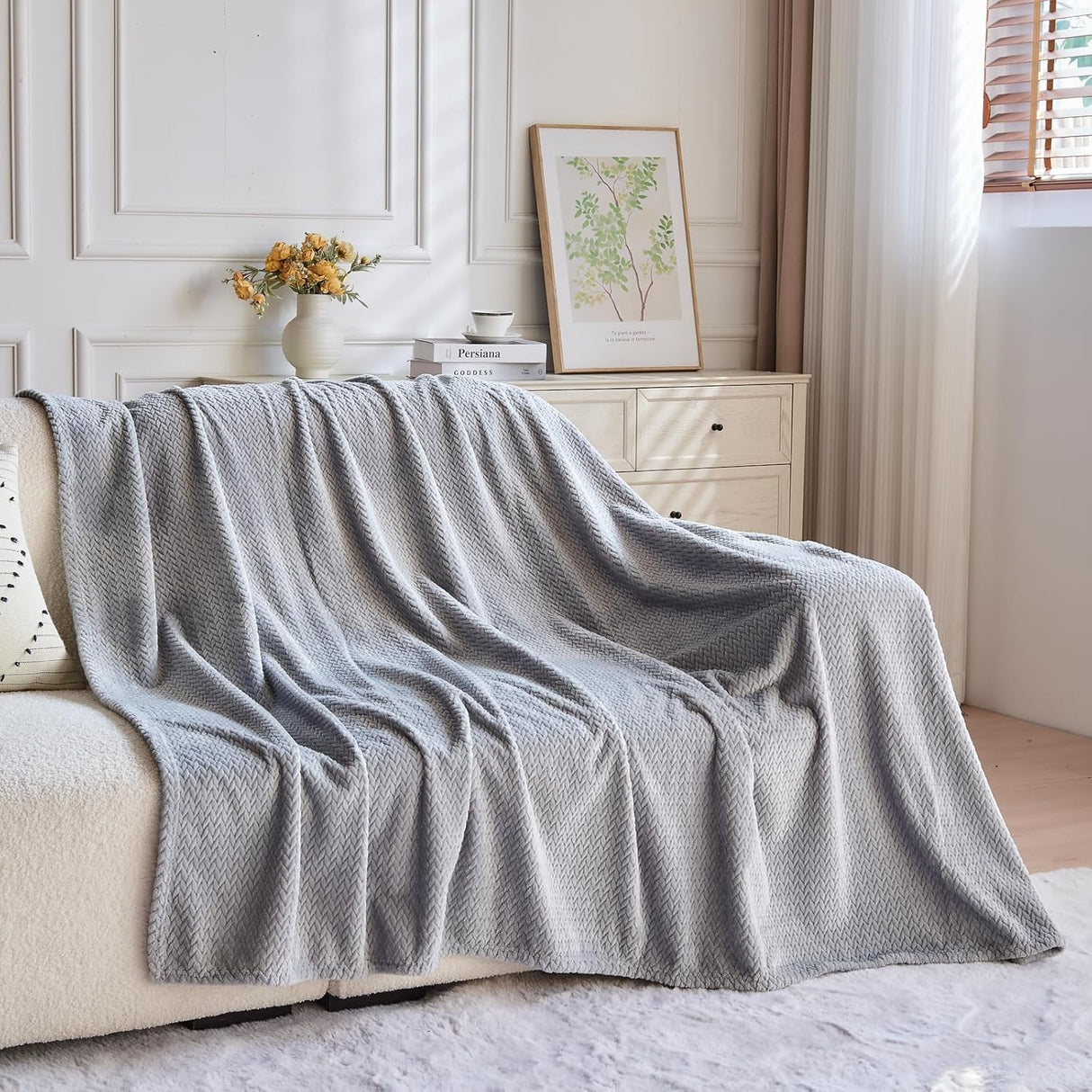 Super Soft Throw Size Blanket Grey Premium Silky Flannel Fleece Leaves Pattern Lightweight Bed Blanket All Season Use (Grey, Throw(50"x60"))