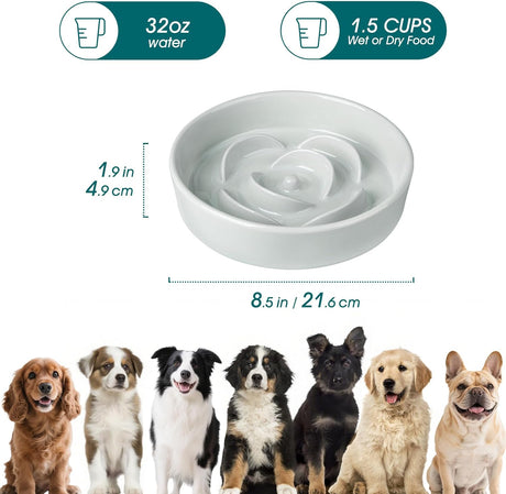 Slow Feeder Dog Bowl, 1.5 Cups Ceramic Dog Food Dish for Fast Eaters Small Breed, Puzzle Bowl for Small Dogs and Cats, Grayish Cyan