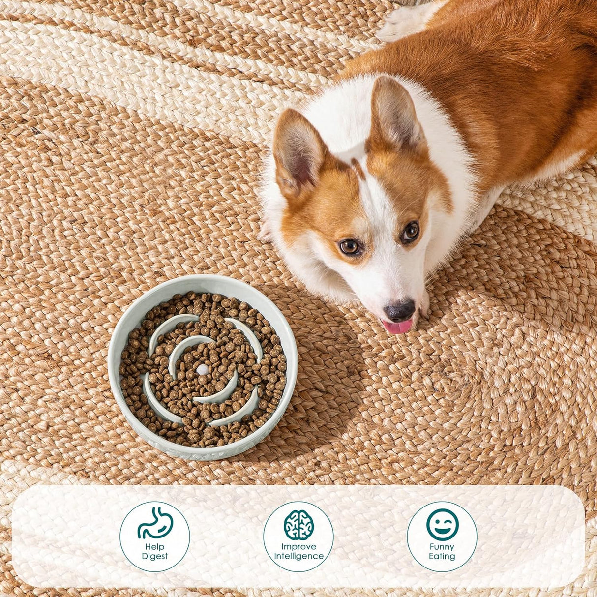 Slow Feeder Dog Bowl, 1.5 Cups Ceramic Dog Food Dish for Fast Eaters Small Breed, Puzzle Bowl for Small Dogs and Cats, Grayish Cyan