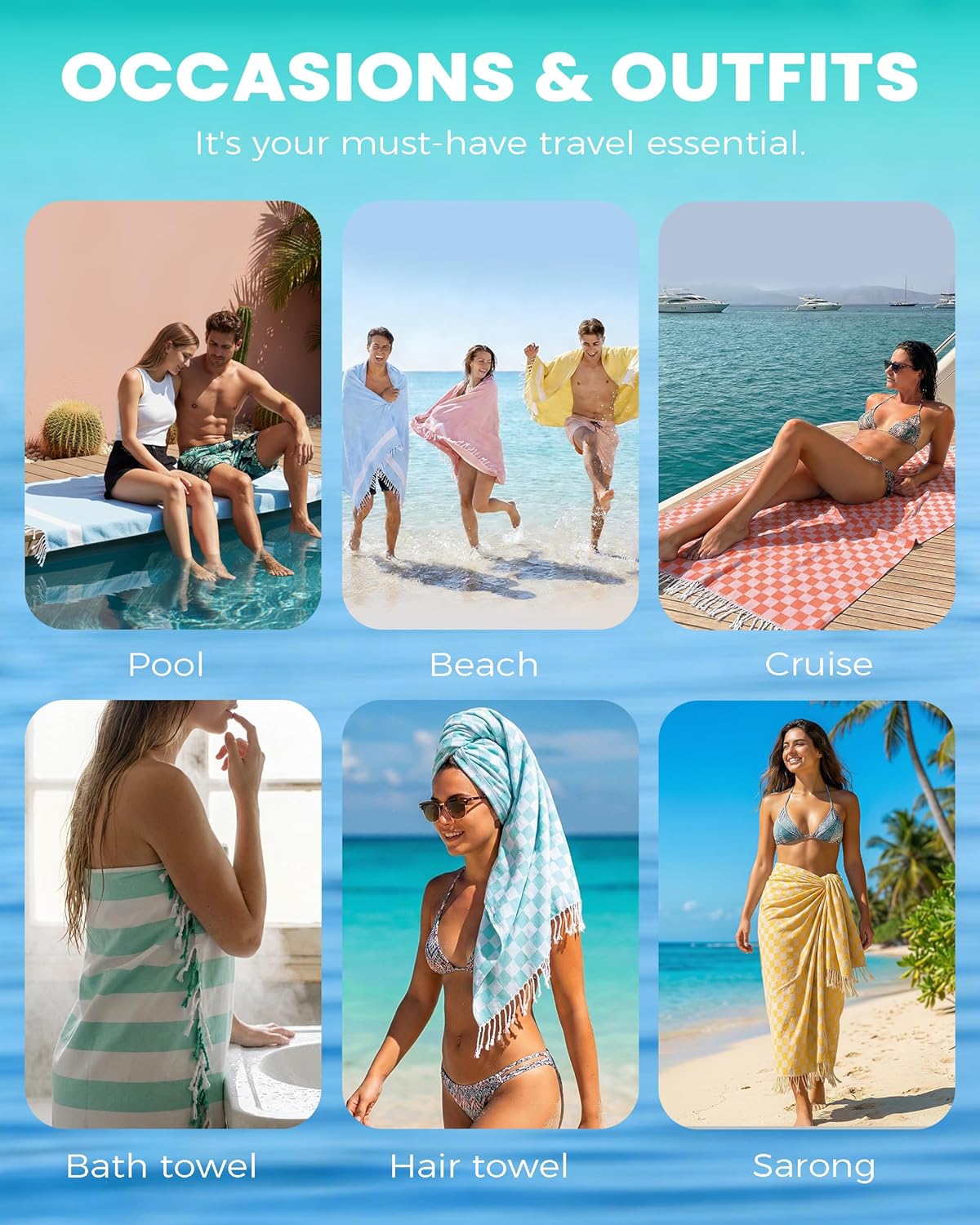 6 Packs Turkish Beach Towel Vacation Essentials Blanket Set Pool Bath Towels Bulk Multipack Travel Sand Free Quick Dry Extra Large Oversized Cute Big Soft Lightweight Compact Checkered Cloud Women