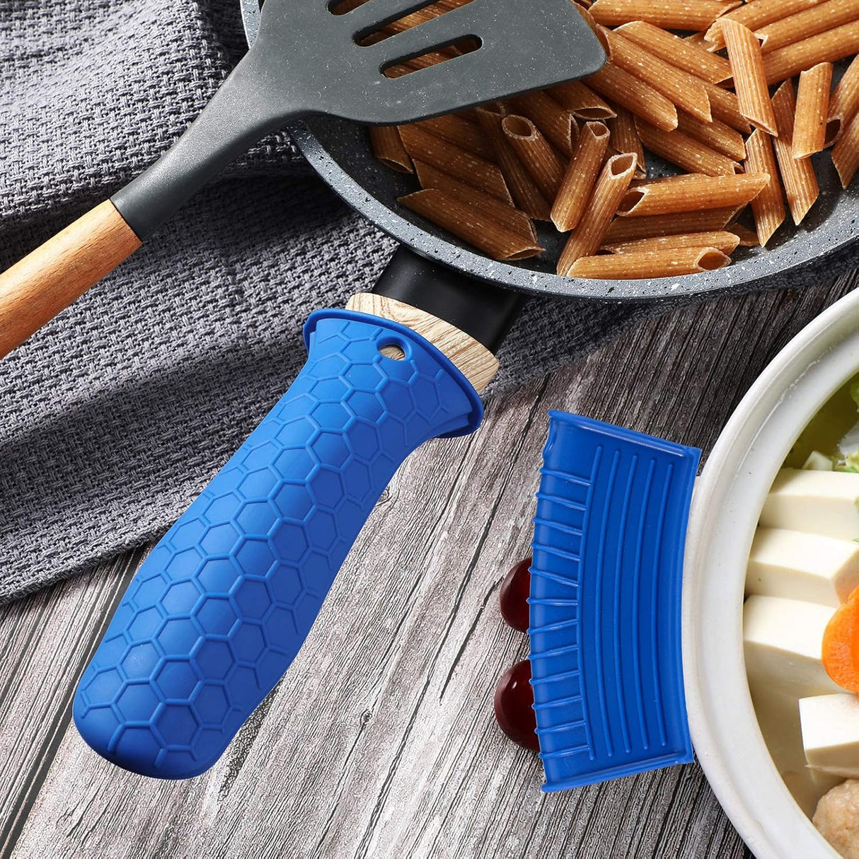 8 Pcs Silicone Pot Holders Set Cast Iron Handle Cover Heat Resistant Pot Handle Covers Potholder Non Slip Reusable Pan Sleeve for Frying Pan Kitchen Supplies(Blue)
