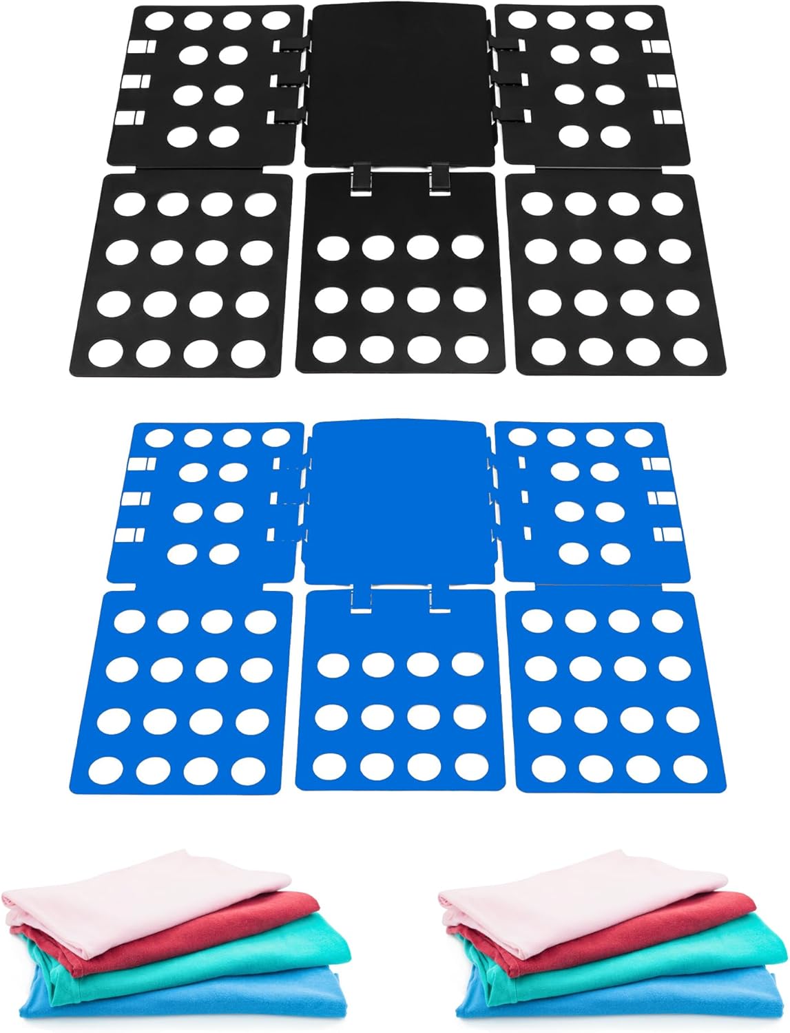 PP Composite Folding Board, 2 Pack Folding Clothes Board - Black + Blue, One-Hand Operation Laundry Folding Tool, Non-Slip Silicone Buckles, T Shirt Folder, Laundry Folders for All Garments