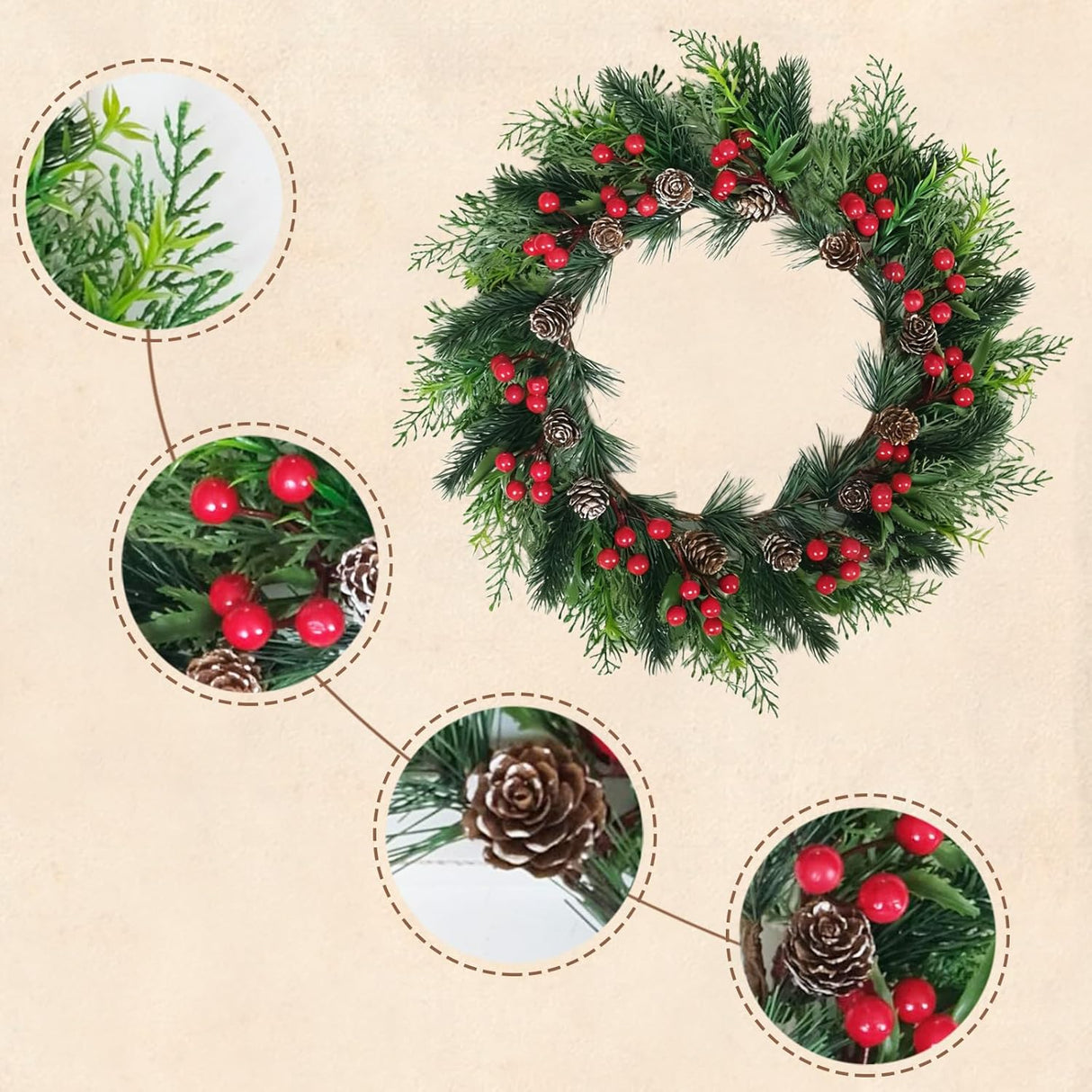 2 PCS 13 Inch Christmas Wreaths Sets for Doors Cabinets, Christmas Green Pine Wreath with Red Berries Mini Pinecones for Indoor Outdoor, Rustic Farmhouse Xmas Wreaths