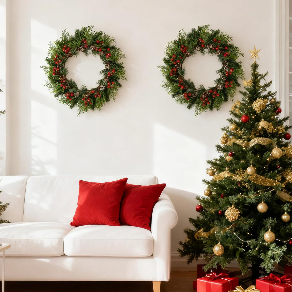 2 PCS 13 Inch Christmas Wreaths Sets for Doors Cabinets, Christmas Green Pine Wreath with Red Berries Mini Pinecones for Indoor Outdoor, Rustic Farmhouse Xmas Wreaths