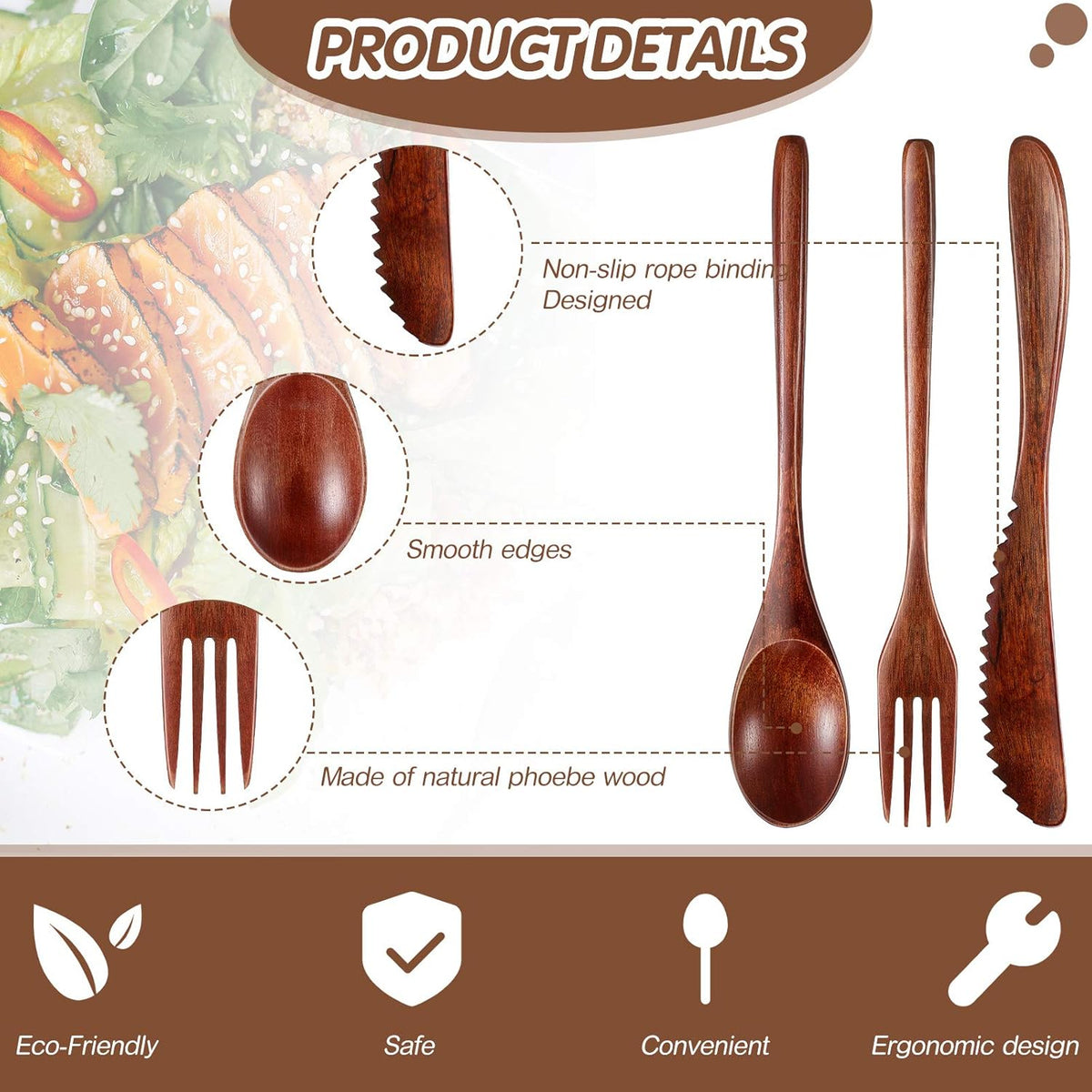 12 Pcs Wooden Utensils for Eating Wooden Spoon Fork Knife Cutlery Set Kitchen Wood Dinner Flatware Tableware Set Includes Spoon, Fork, Knife