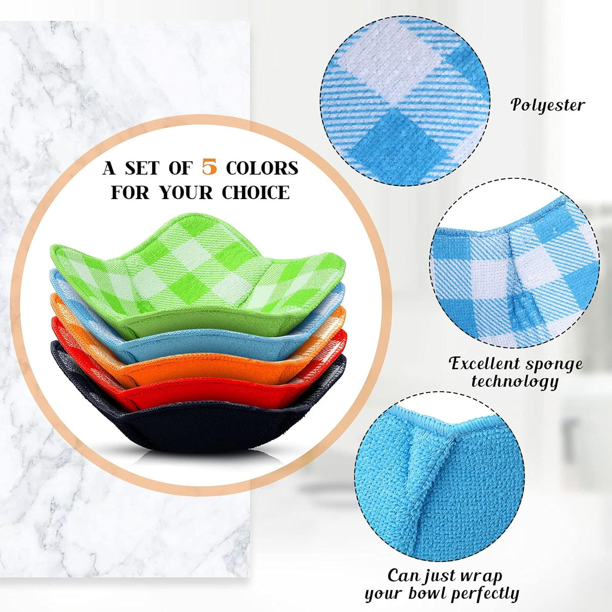 5 Pieces Hot Bowl Holder Microwave Safe Bowl Cozies Multipurpose Heat Proof Plate Holder to Prevent Hand from Heat and Maintain Food Warm (Red, Blue, Green, Yellow, Black)