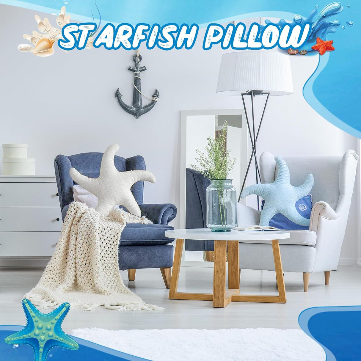 2 Pcs Starfish Pillow Cute Beach Pillow 20'' Star Fish Shaped Throw Pillows Plush Beach Room Decor Decorative Ocean Star Stuffed Animal Plush Cushion for Bedroom Living Room (White,Blue)