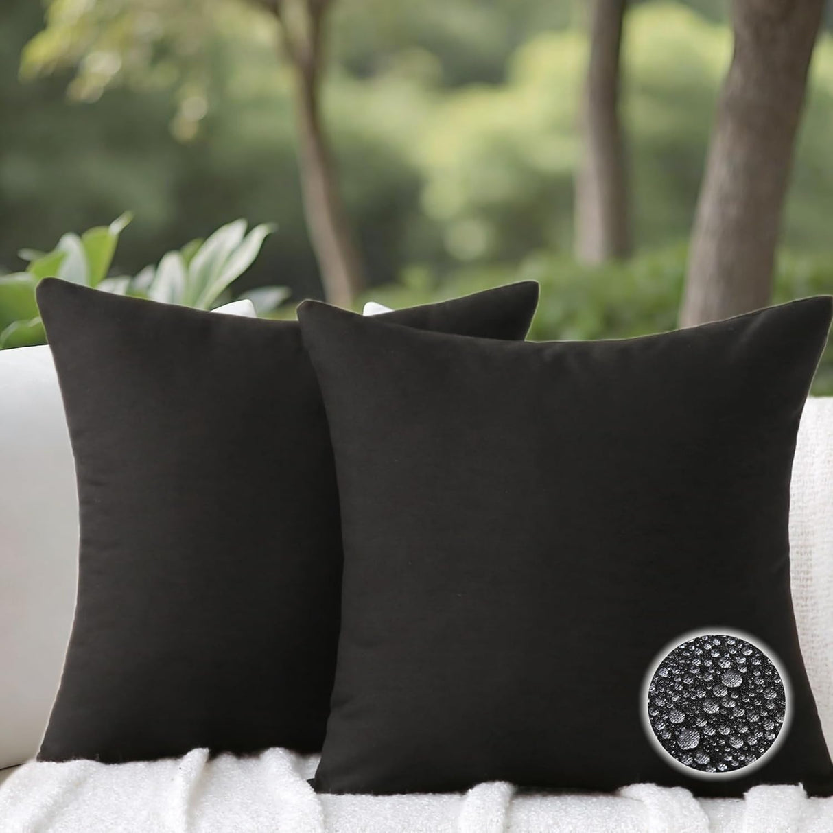 18" x 18" Throw Pillows, Outdoor Waterproof Pillows with Inserts, Square Decorative Pillows for Patio Furniture Garden Couch Sofa Home(Black, Set of 2)
