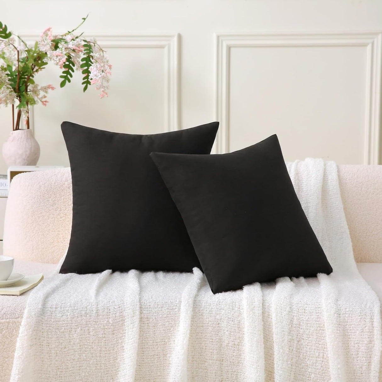 18" x 18" Throw Pillows, Outdoor Waterproof Pillows with Inserts, Square Decorative Pillows for Patio Furniture Garden Couch Sofa Home(Black, Set of 2)