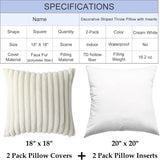 Decorative Throw Pillow with Inserts, Set of 2 Soft Faux Fur Throw Pillows, Square Boho Striped Pillow for Couch, Bed, Sofa Decor(Beige, 18" x 18")