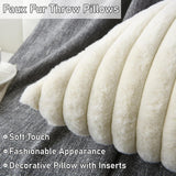 Decorative Throw Pillow with Inserts, Set of 2 Soft Faux Fur Throw Pillows, Square Boho Striped Pillow for Couch, Bed, Sofa Decor(Beige, 18" x 18")