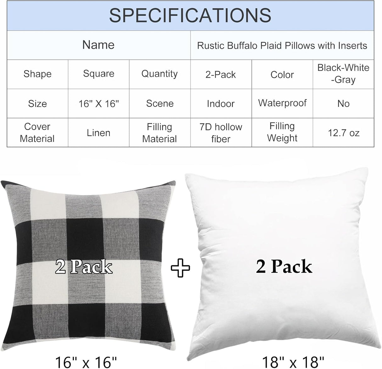 Rustic Buffalo Plaid Pillows with Inserts Set of 2, Retro Cotton Linen Decorative Throw Pillows for Front Porch Patio Decor, Classic Home Decor for Sofa Bed Couch(Black White, 16" x 16")