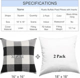 Rustic Buffalo Plaid Pillows with Inserts Set of 2, Retro Cotton Linen Decorative Throw Pillows for Front Porch Patio Decor, Classic Home Decor for Sofa Bed Couch(Black White, 16" x 16")