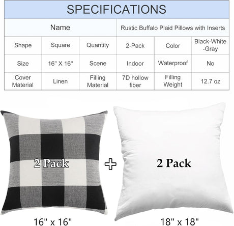 Rustic Buffalo Plaid Pillows with Inserts Set of 2, Retro Cotton Linen Decorative Throw Pillows for Front Porch Patio Decor, Classic Home Decor for Sofa Bed Couch(Black White, 16" x 16")
