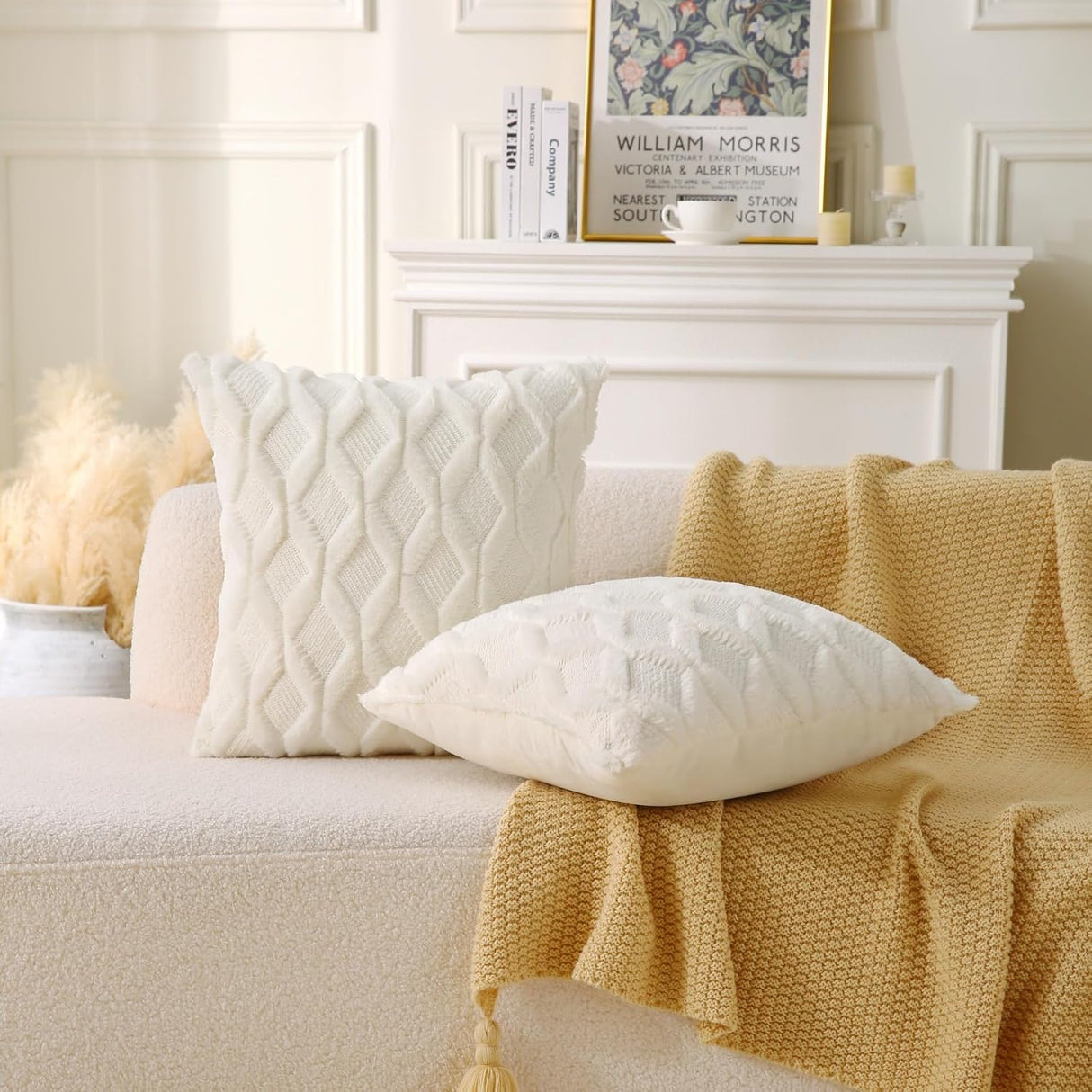 18" x 18" Decorative Throw Pillow with Inserts, Set of 2 Soft Faux Fur Throw Pillows, Square Boho Pillow for Couch, Bed, Sofa Decor, Beige