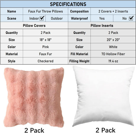 Faux Fur Plush Pillow with Inserts Set of 2, Soft 18" x 18" Decorative Throw Pillows, Square Boho Medium Plaid Pillow for Couch, Bed, Sofa Bedroom Decor (Pink)