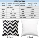 18" x 18" Throw Pillows with Inserts, Pack of 2 Outdoor Waterproof Striped Pillow, Square Decorative Pillows for Patio Furniture Garden Couch Sofa Home (Black Wavy Stripes)
