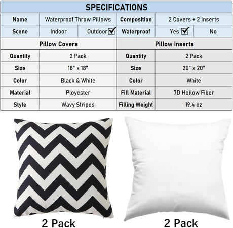 18" x 18" Throw Pillows with Inserts, Pack of 2 Outdoor Waterproof Striped Pillow, Square Decorative Pillows for Patio Furniture Garden Couch Sofa Home (Black Wavy Stripes)
