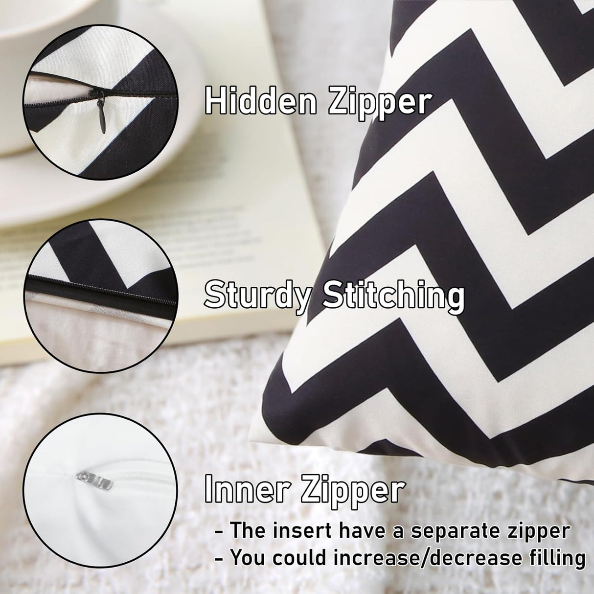 18" x 18" Throw Pillows with Inserts, Pack of 2 Outdoor Waterproof Striped Pillow, Square Decorative Pillows for Patio Furniture Garden Couch Sofa Home (Black Wavy Stripes)