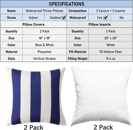 18" x 18" Throw Pillows with Inserts, Pack of 2 Outdoor Waterproof Striped Pillow, Square Decorative Pillows for Patio Furniture Garden Couch Sofa Home (Blue Vertical Stripes)