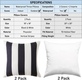 18" x 18" Throw Pillows with Inserts, Pack of 2 Outdoor Waterproof Striped Pillow, Square Decorative Pillows for Patio Furniture Garden Couch Sofa Home (Black Vertical Stripes)