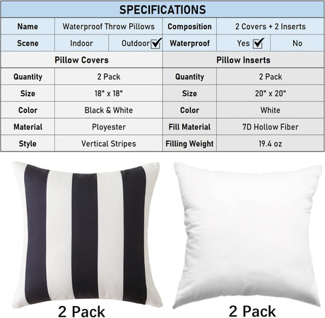 18" x 18" Throw Pillows with Inserts, Pack of 2 Outdoor Waterproof Striped Pillow, Square Decorative Pillows for Patio Furniture Garden Couch Sofa Home (Black Vertical Stripes)